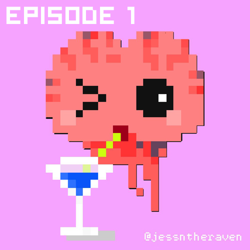 Pixel image of a brain having a drink